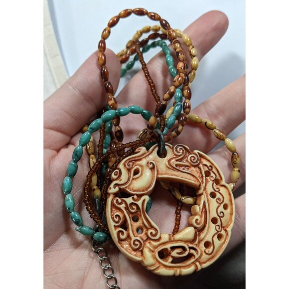 Vintage Tribal Style Brown And Blue Beaded Pendant Necklace - Picture 5 of 6